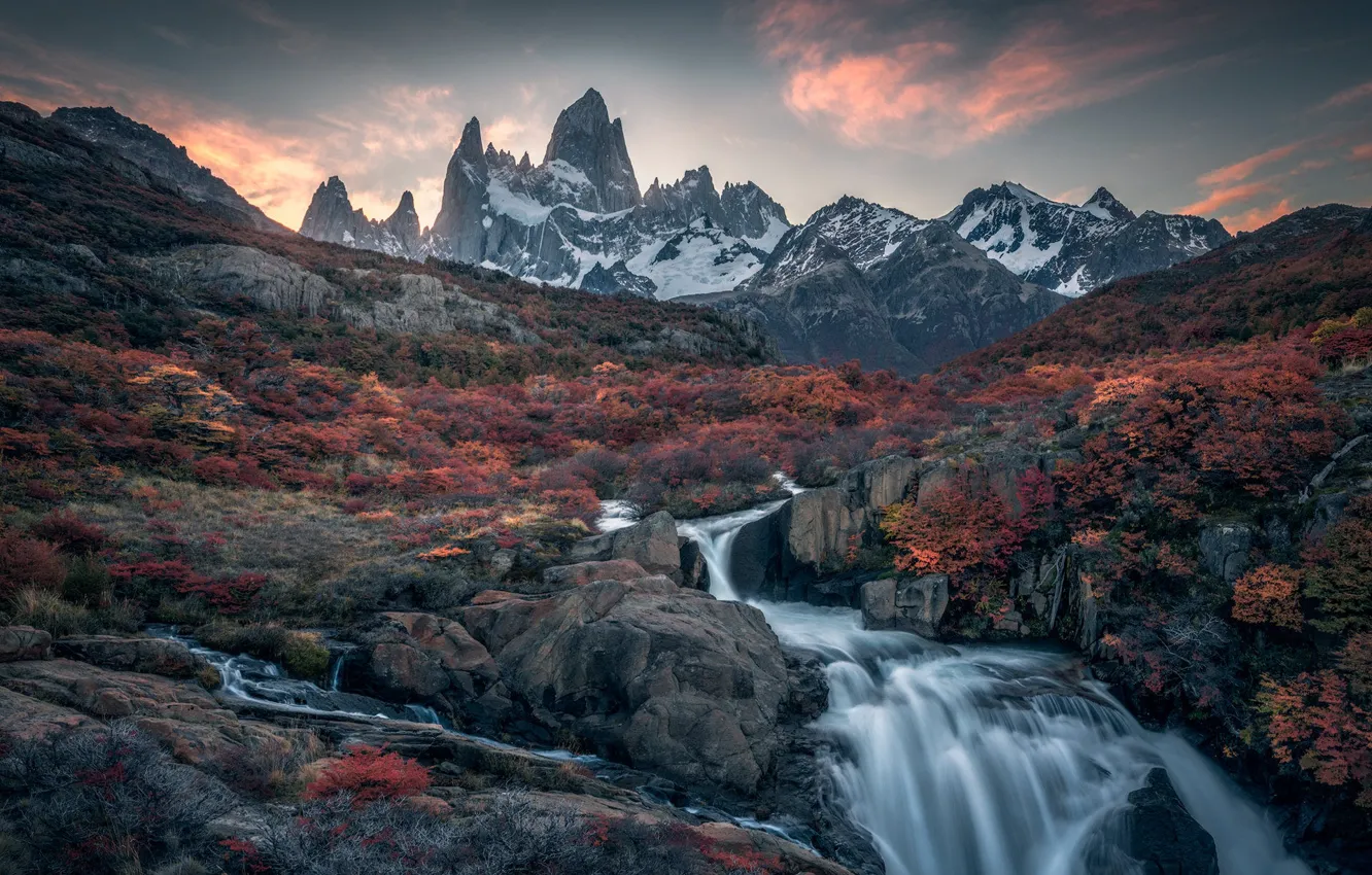 Photo wallpaper shrub, Patagonia, snow, mountains, waterfall, trees, shore, tops