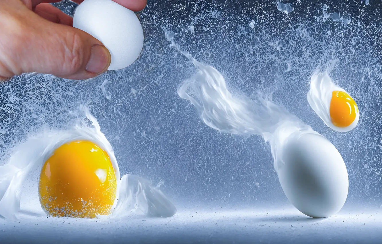 Photo wallpaper eggs, hands, fingers, the yolk, blue background, process, splitting