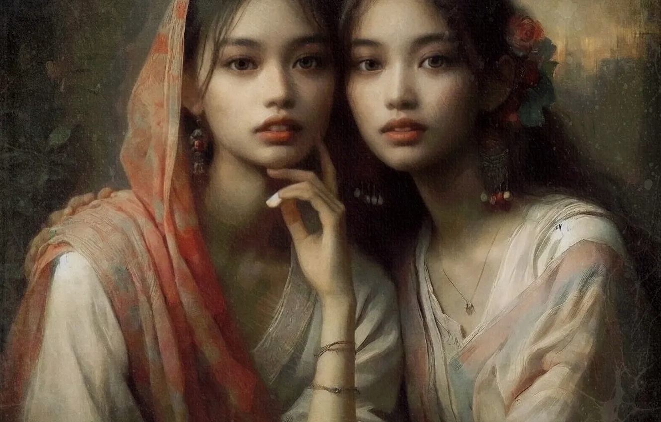 Photo wallpaper girl, picture, Asian, imitation painting, AI art, neural network