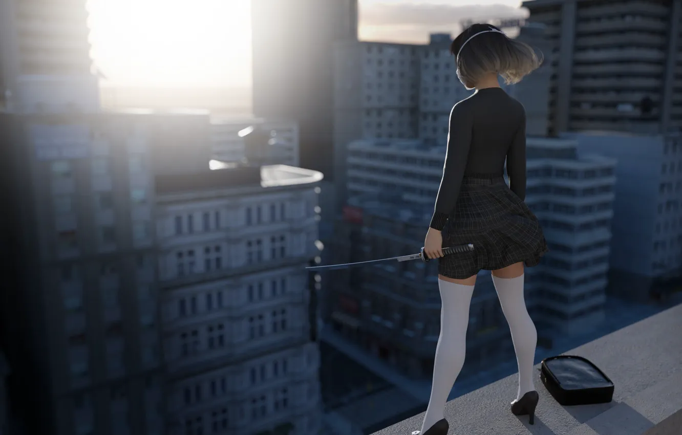 Photo wallpaper city, stockings, katana, women, brunette, digital art, shoes, building