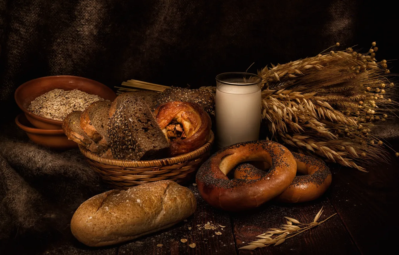 Photo wallpaper glass, milk, bread, bagels, ears