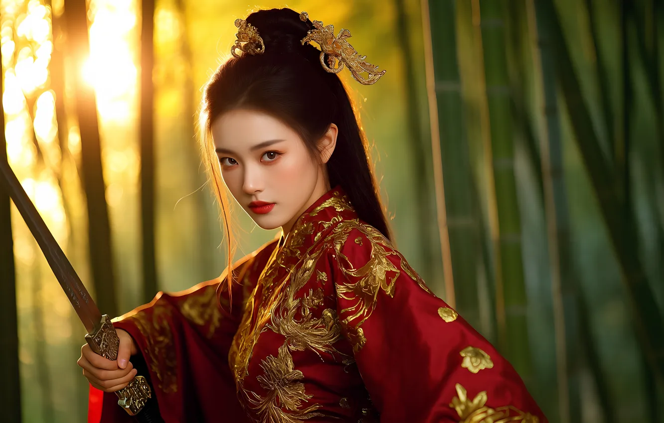 Photo wallpaper look, girl, sword, Chinese, Asian, red dress