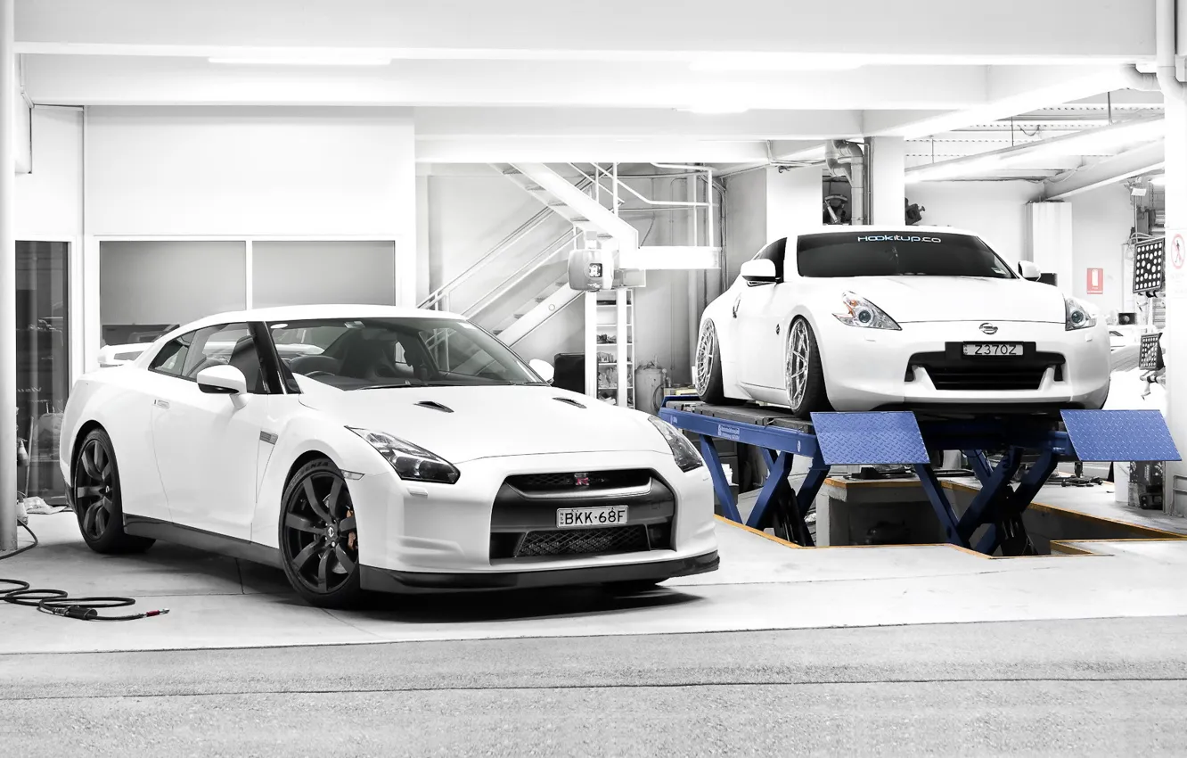 Photo wallpaper white, tuning, garage, Nissan, two, Nissan, gt-r, 370z