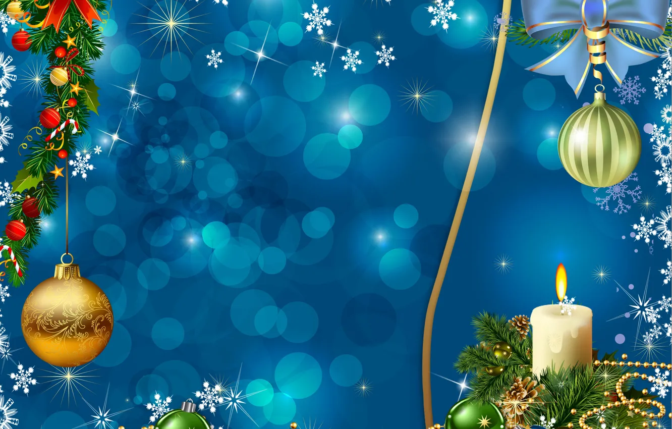 Photo wallpaper balls, snowflakes, branches, balls, graphics, candle, Christmas, New year