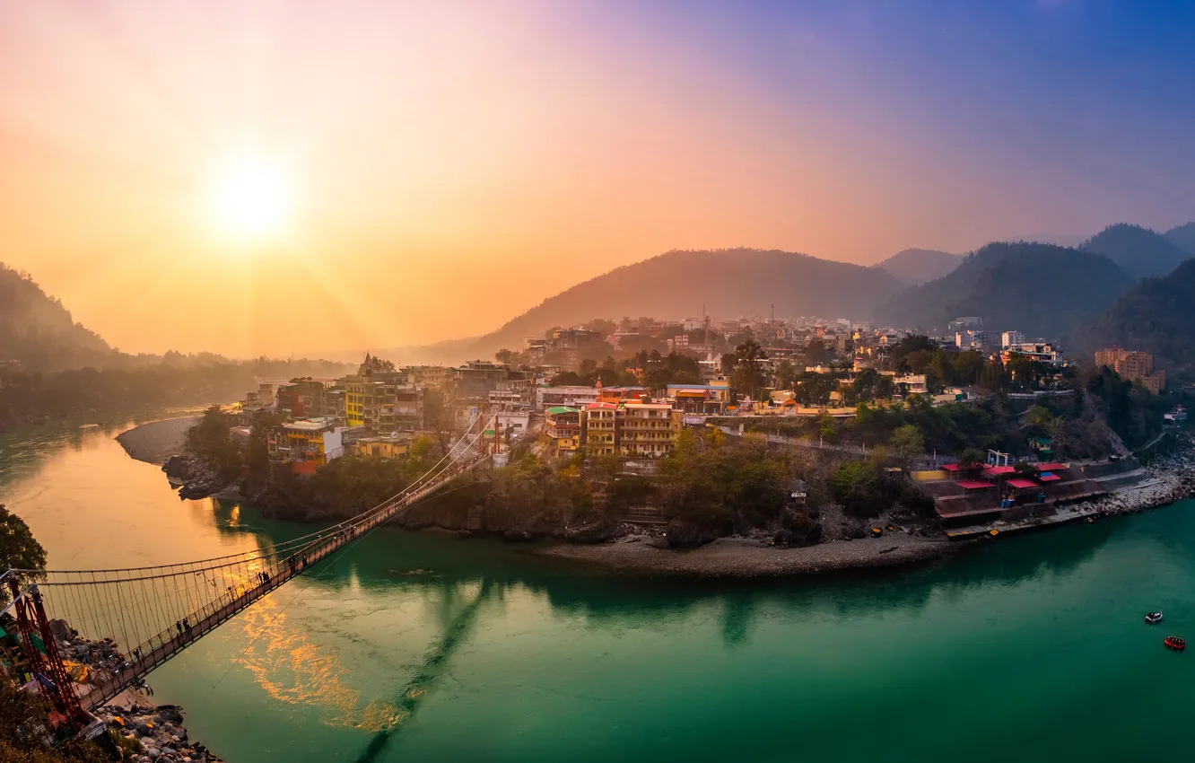 Photo wallpaper the city, river, Sunset, The sun, India, Sunset, Uttarakhand, Rishikesh
