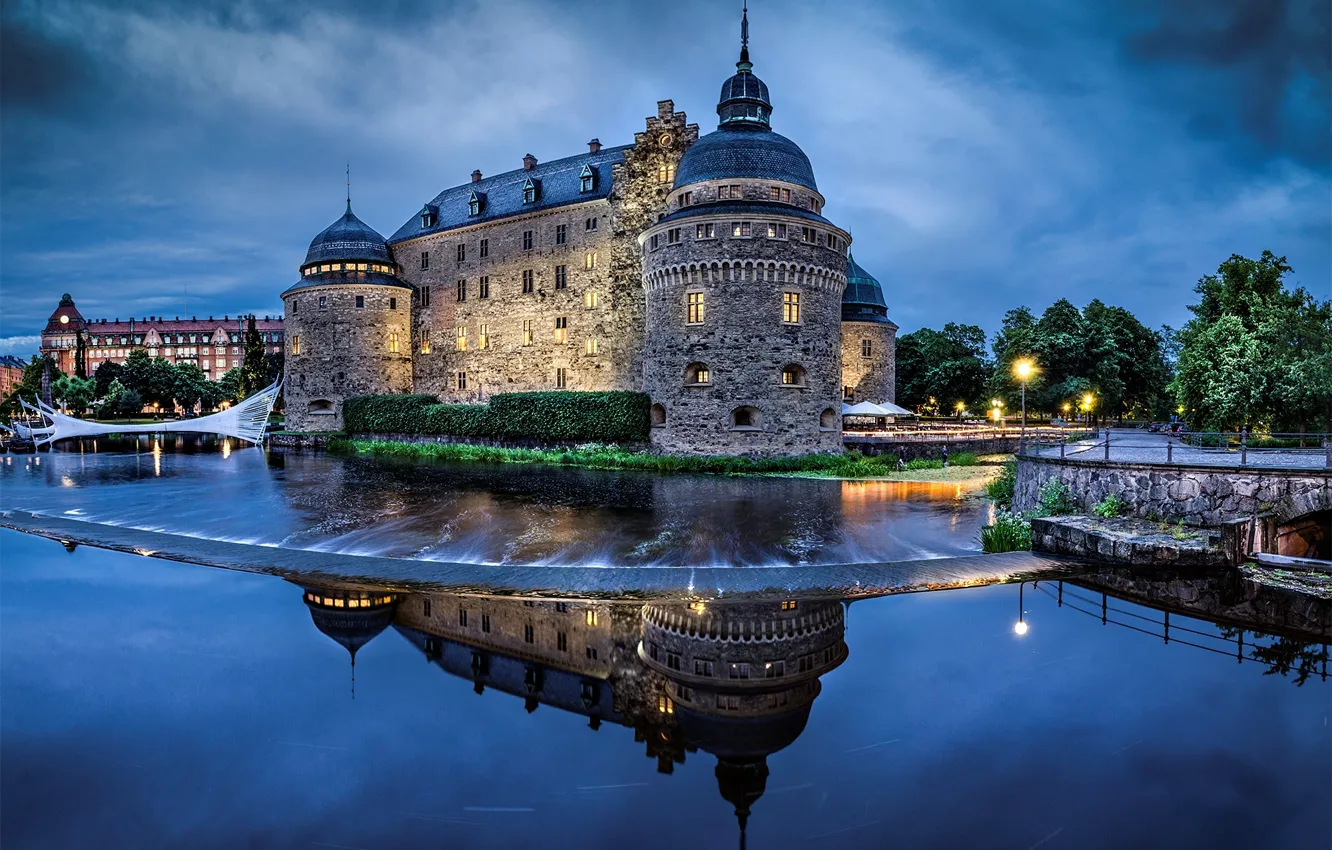 Photo wallpaper the sky, water, reflection, river, castle, the evening, lighting, architecture