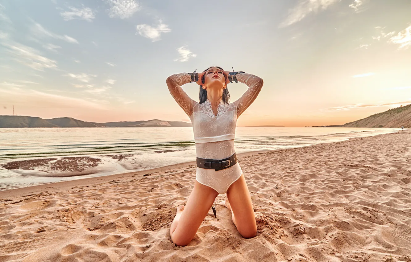Photo wallpaper sand, sea, beach, girl, pose, strap, body, Vyacheslav Turcan