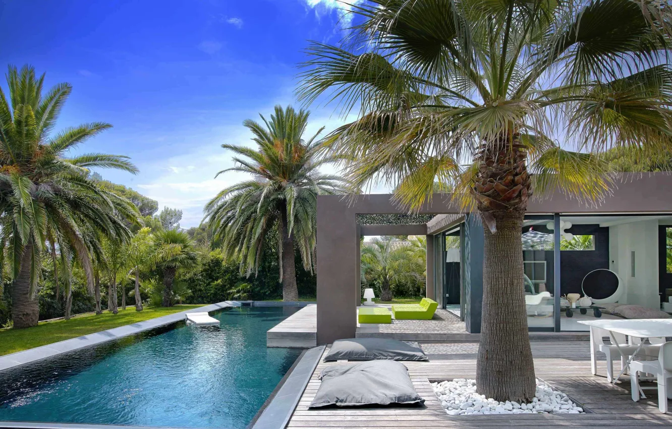 Photo wallpaper palm trees, Villa, pool, architecture, terrace, open space