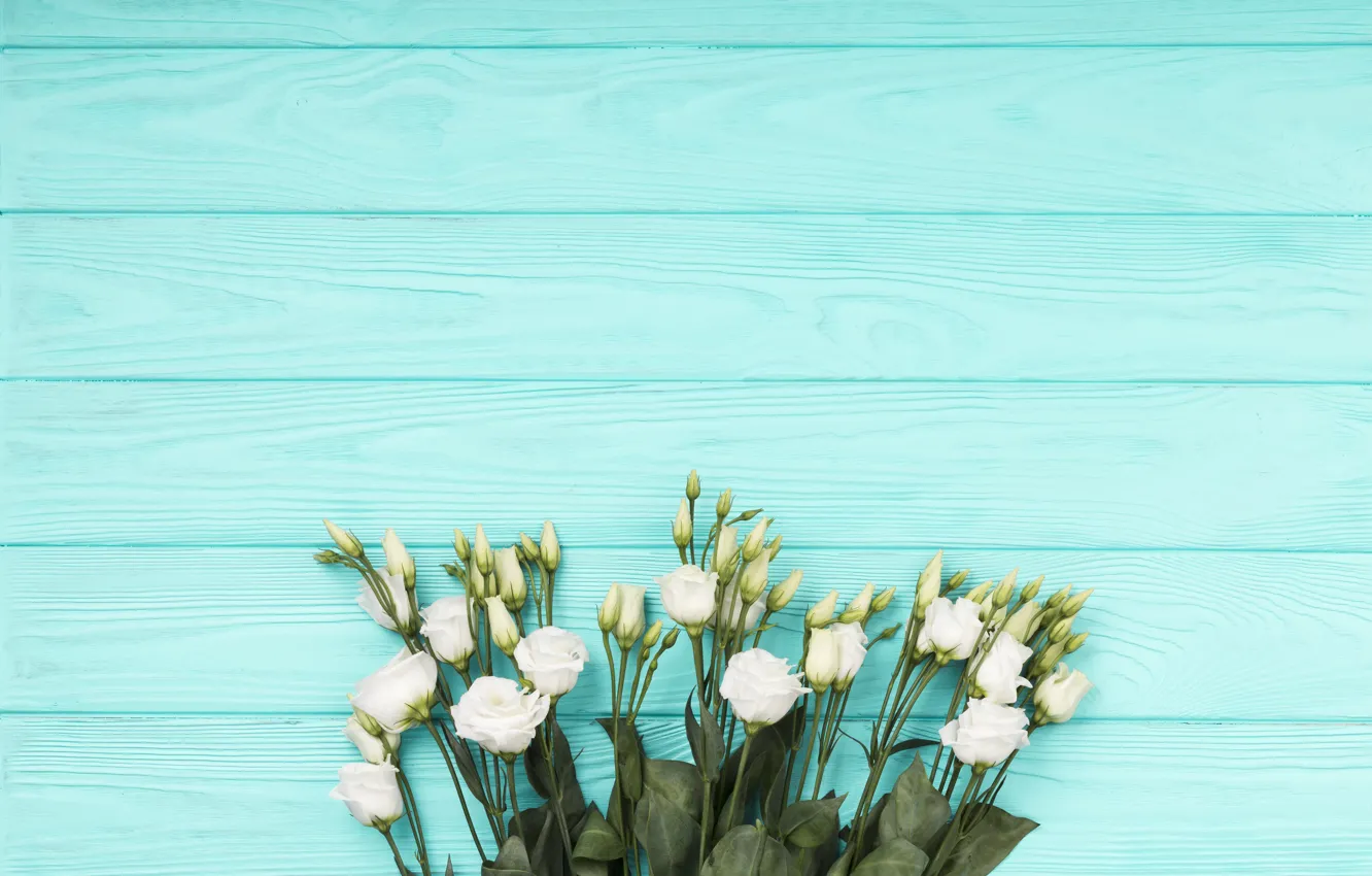 Photo wallpaper white, flowers, bouquet, wood, eustoma