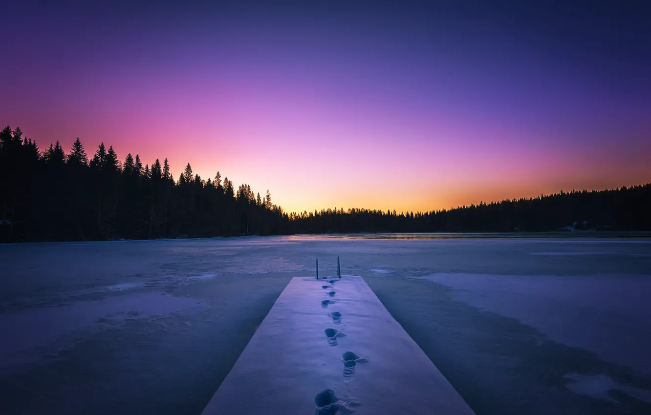 Photo wallpaper snow, sunset, bridge, lake