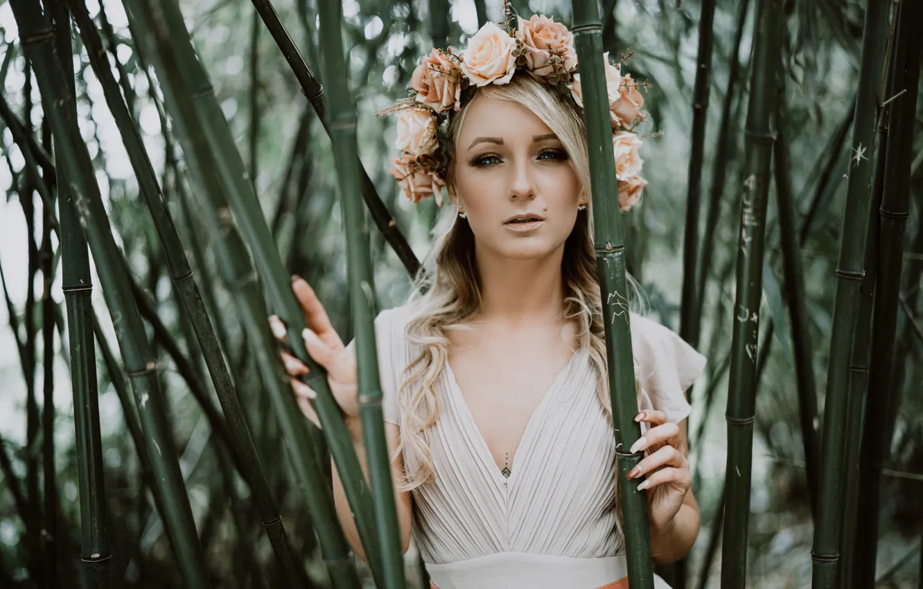 Photo wallpaper look, flowers, model, roses, bamboo, makeup, wreath, Monika Metzner