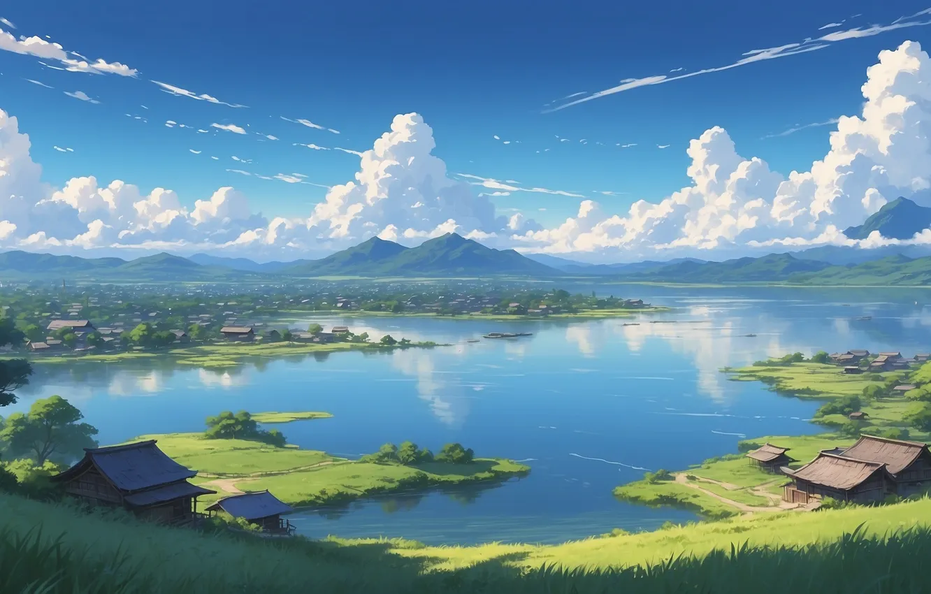 Photo wallpaper summer, sky, landscape, anime, mountains, clouds, lake, horizen