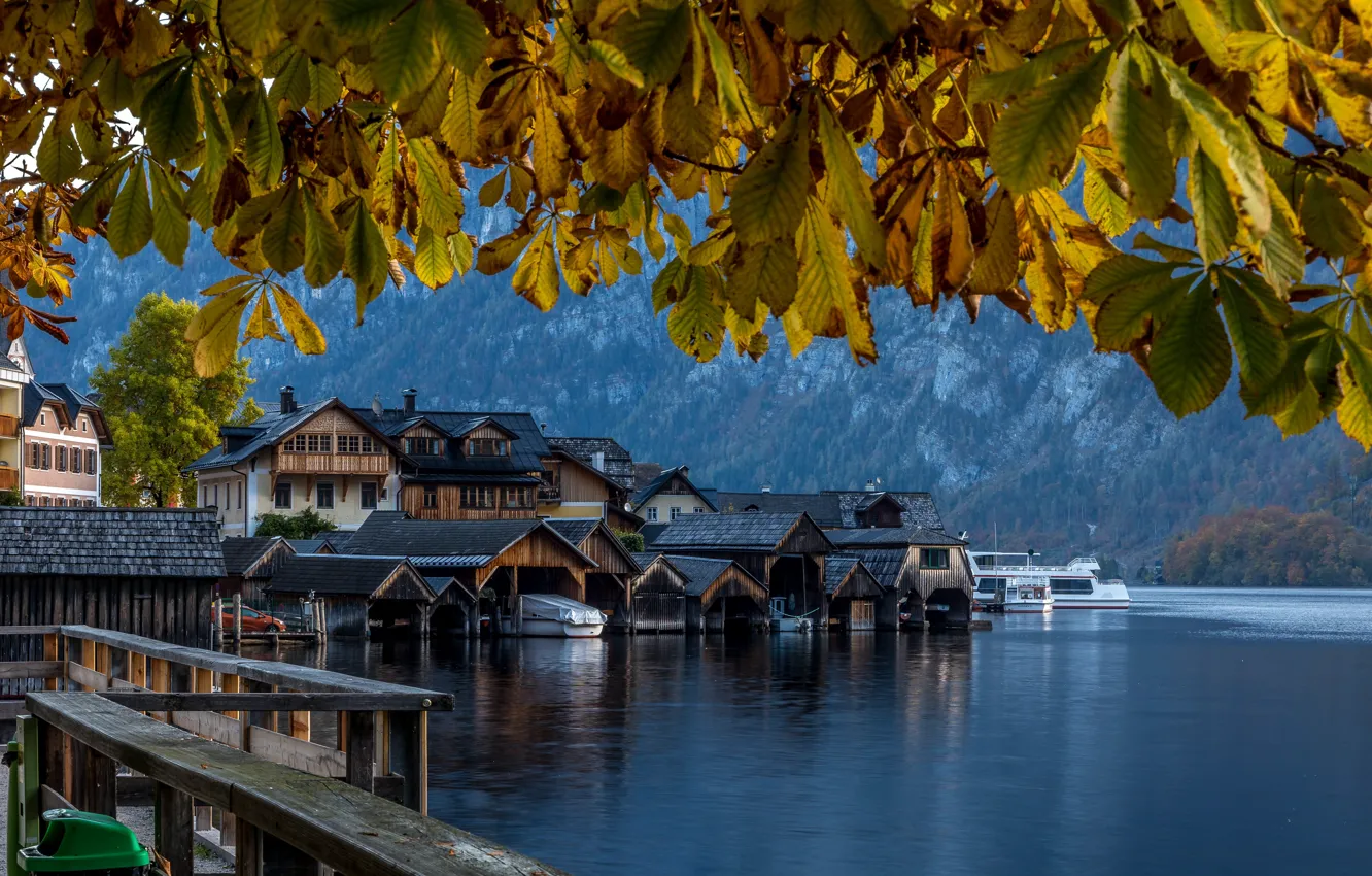 Photo wallpaper autumn, leaves, landscape, branches, nature, lake, home, Austria