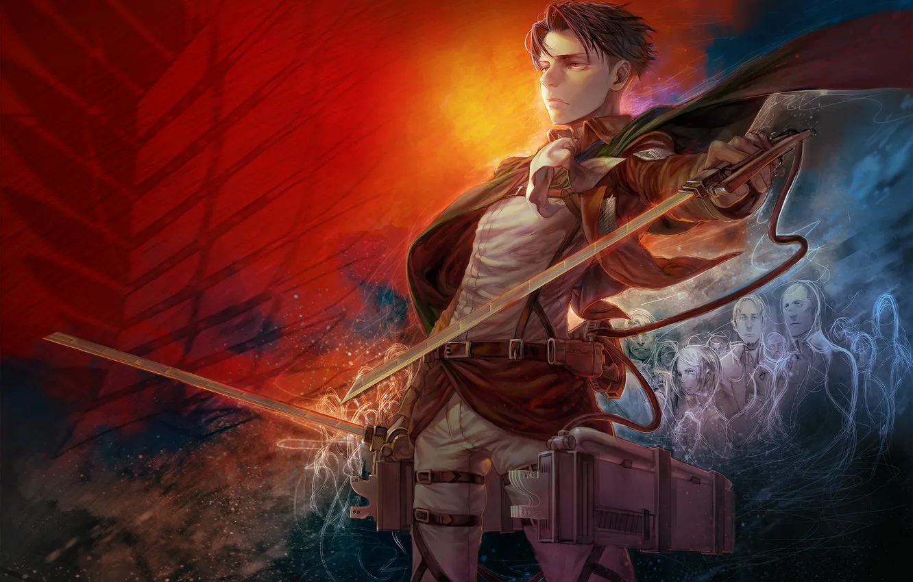 Photo wallpaper calm, silhouette, guy, cloak, art, blade, Shingeki no Kyojin, Levi