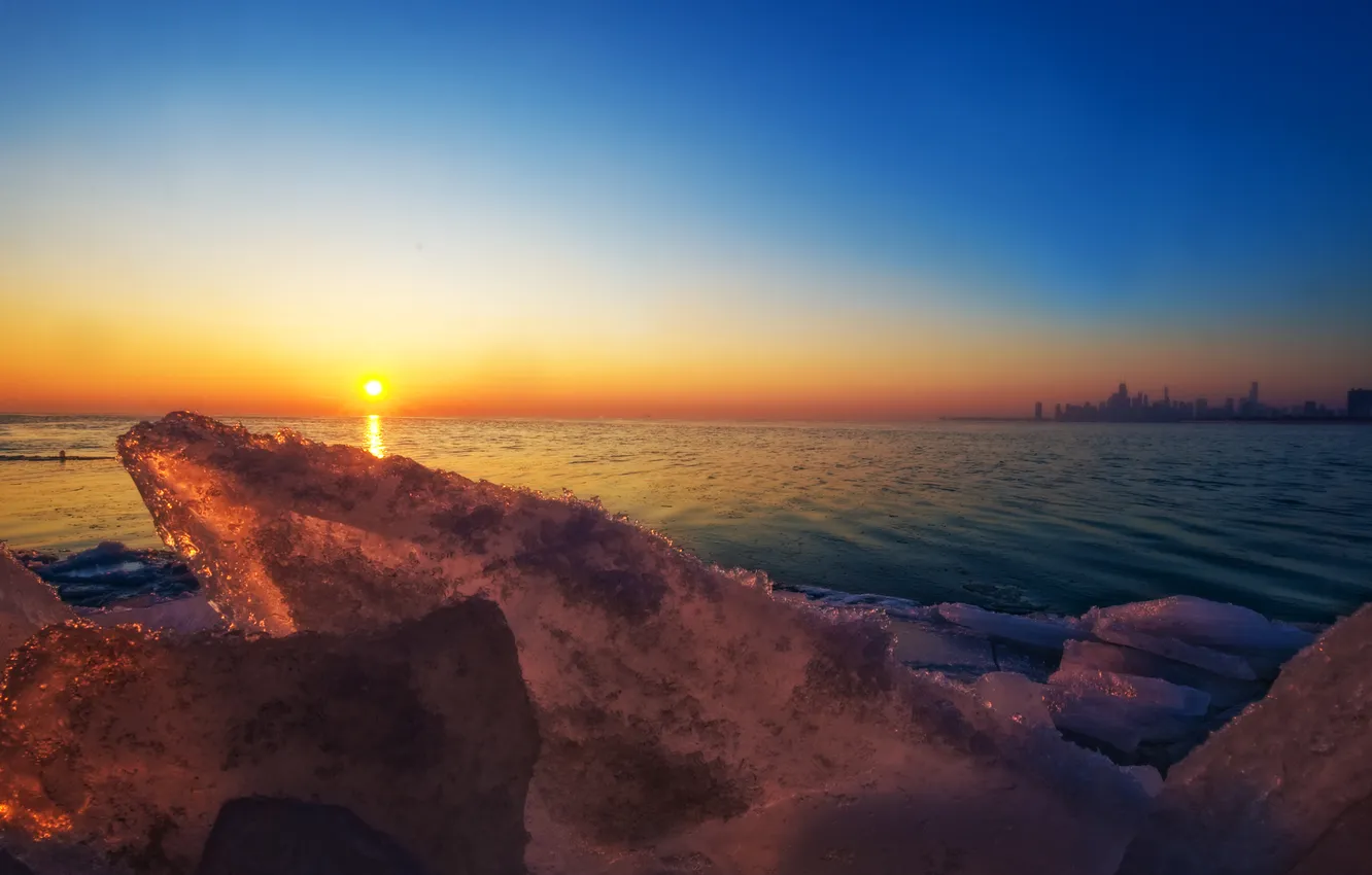 Photo wallpaper ice, the city, dawn, horizon, Chicago