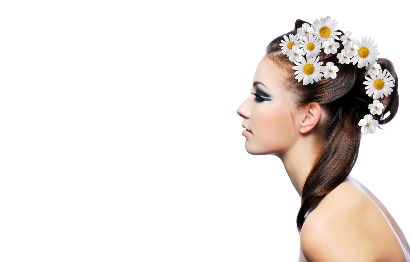 Photo wallpaper girl, flowers, chamomile, profile, blush, brown hair, charm, long-haired