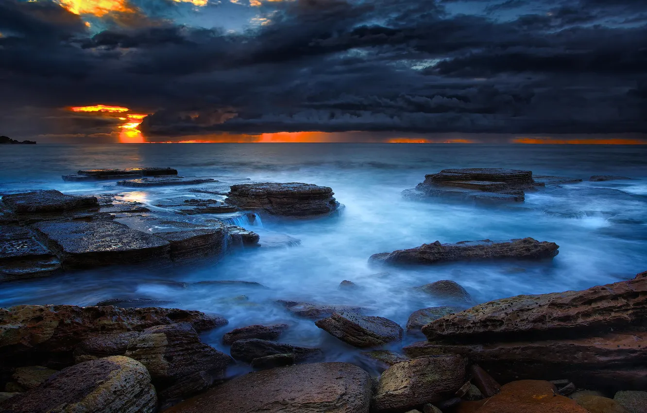 Photo wallpaper beach, clouds, the ocean, rocks, dawn
