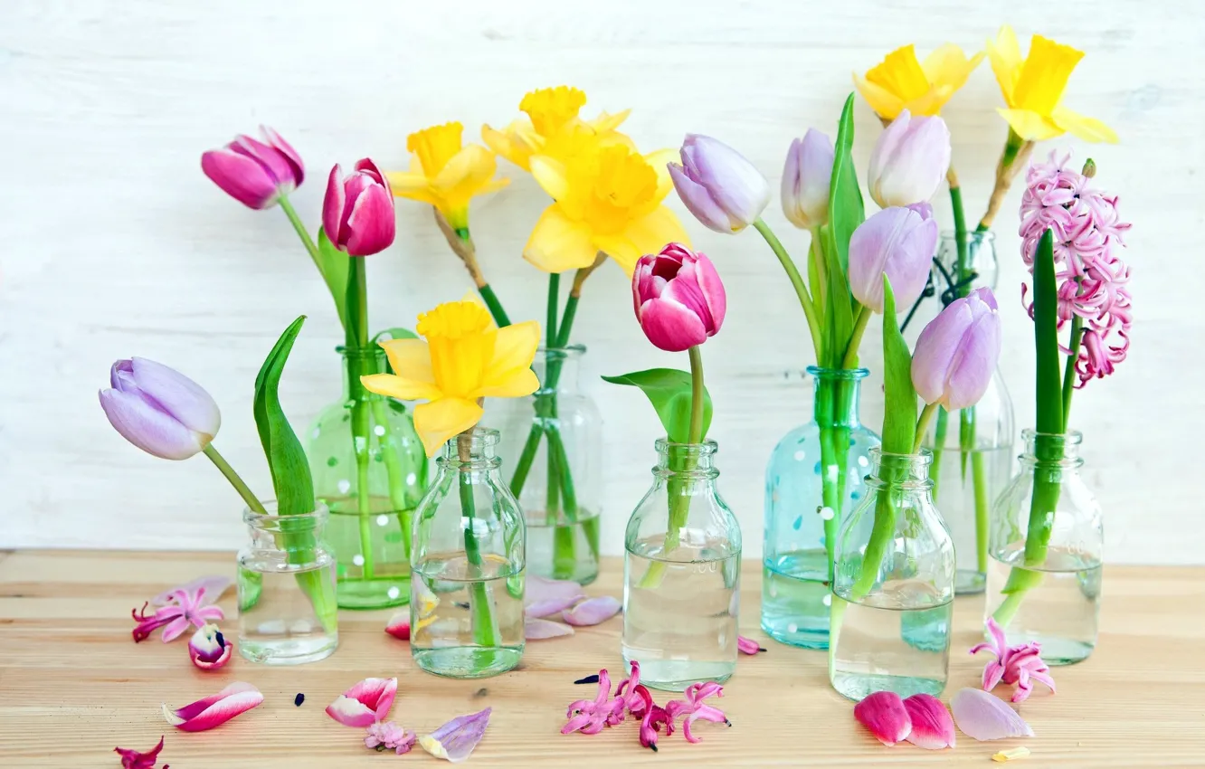 Photo wallpaper flowers, bottle, vases