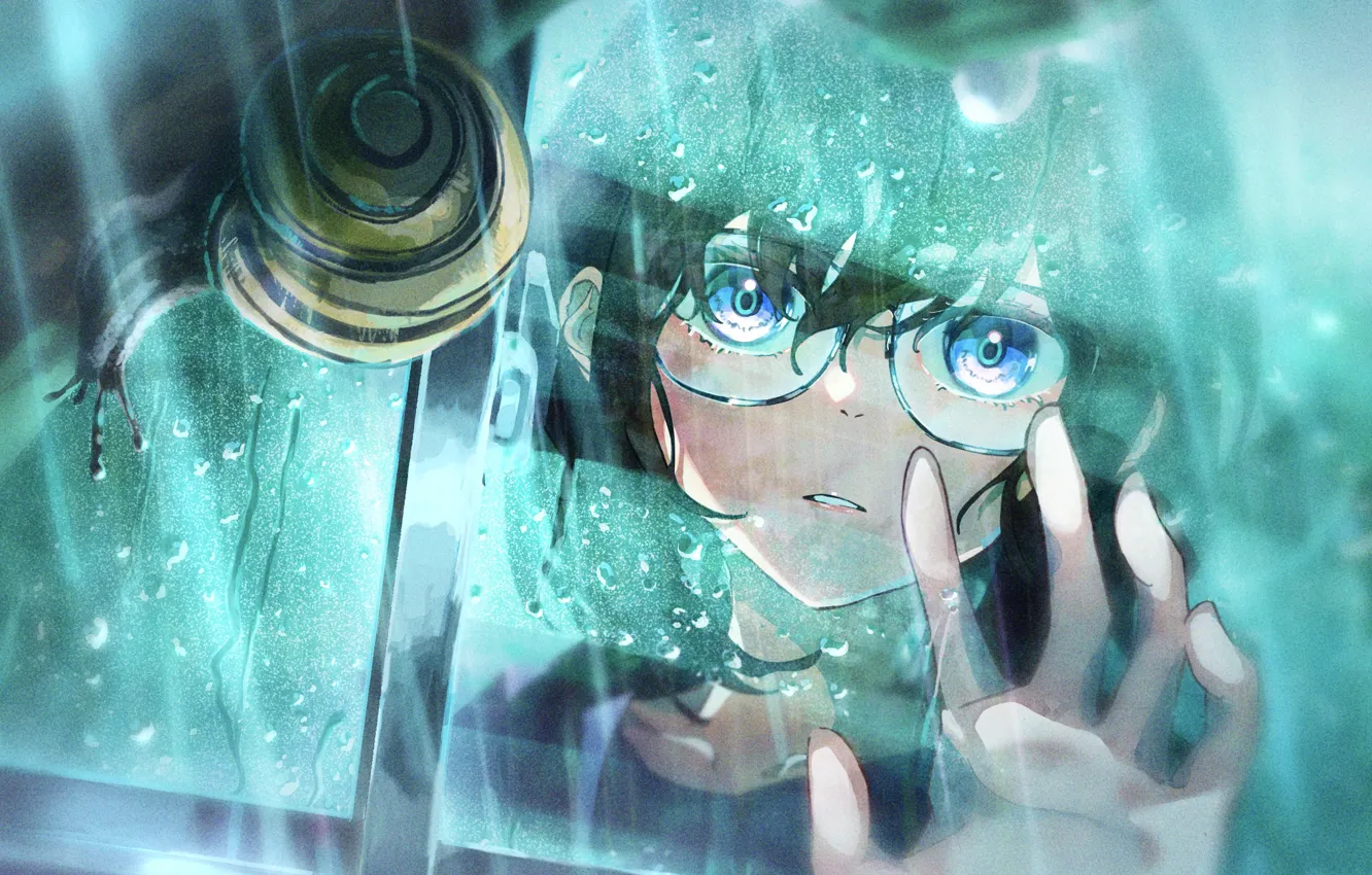 Photo wallpaper snail, rainy day, glasses, drops on glass, the girl's face, by Luc Hayate