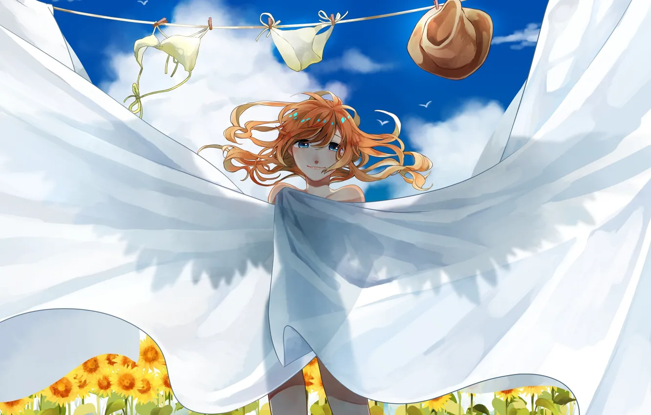 Photo wallpaper swimsuit, angel, hat, rope, girl, sheet, drying