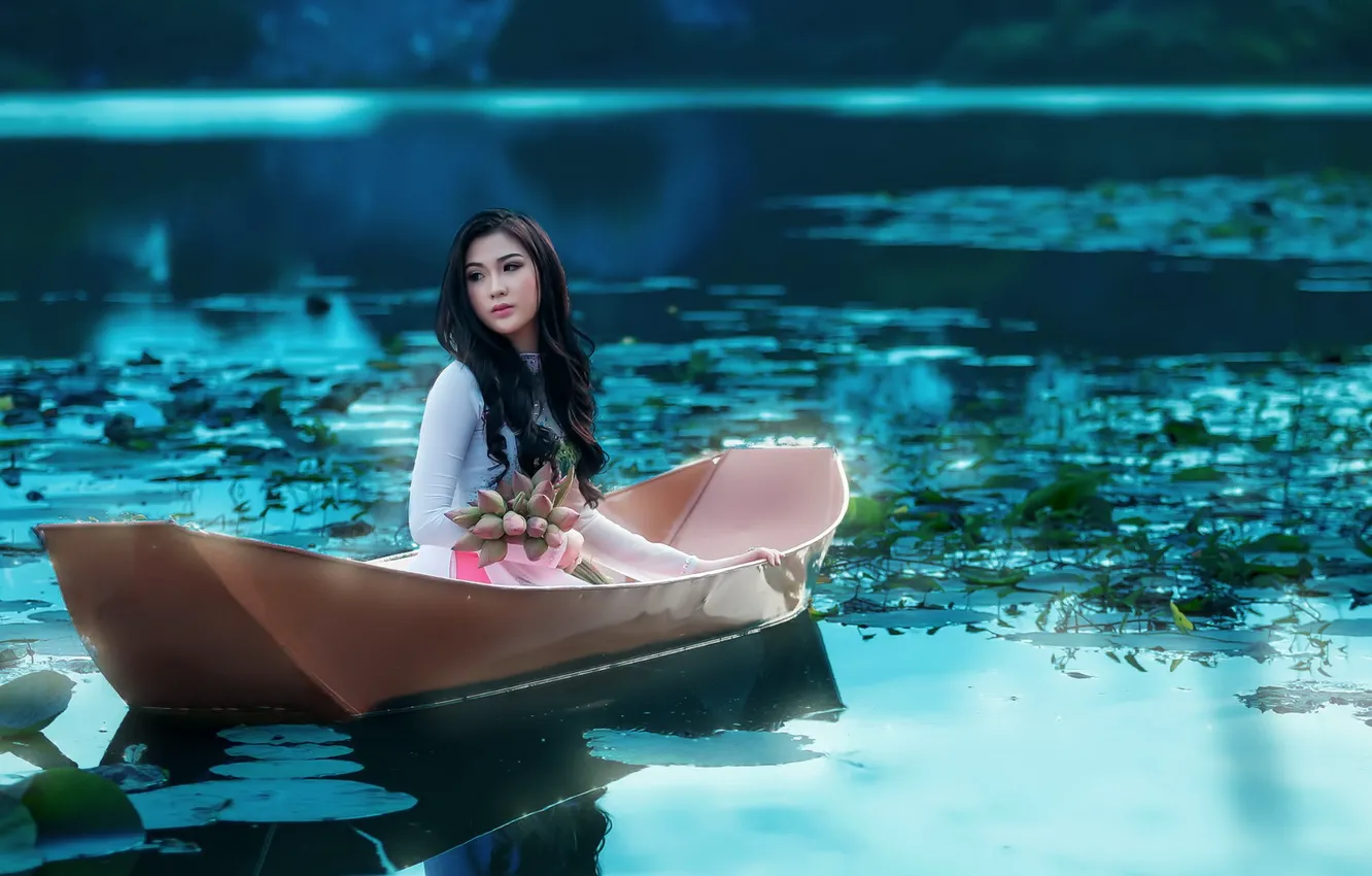Photo wallpaper girl, flowers, lake, boat, Asian