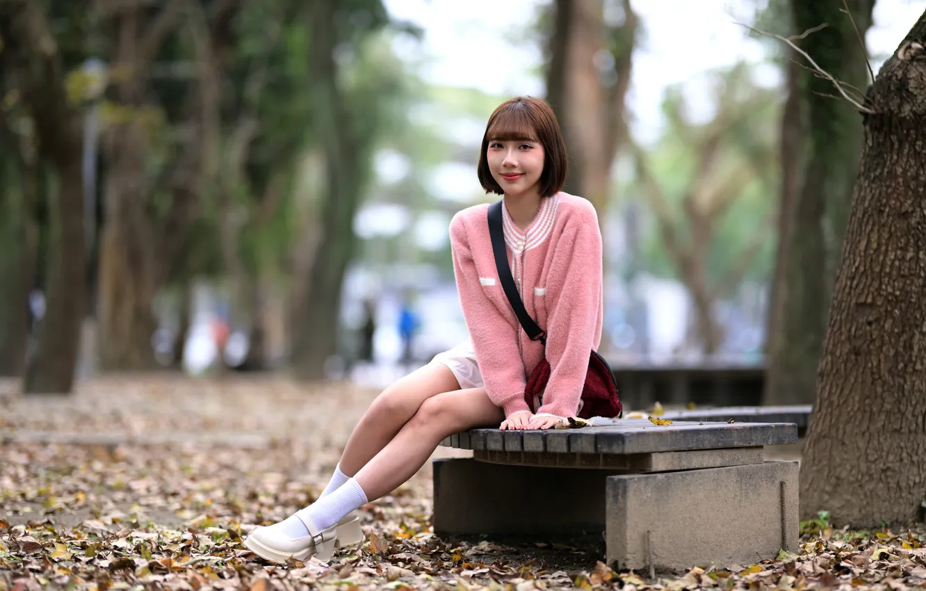 Photo wallpaper girl, bench, legs, Asian, jacket, sitting