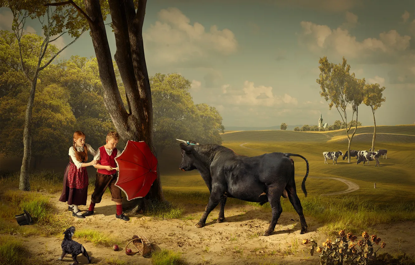 Photo wallpaper trees, children, umbrella, the situation, dog, boy, cows, meadow