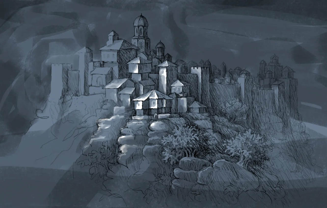 Photo wallpaper city, graphics, drawing, medieval, church, Fortress, Town, temple