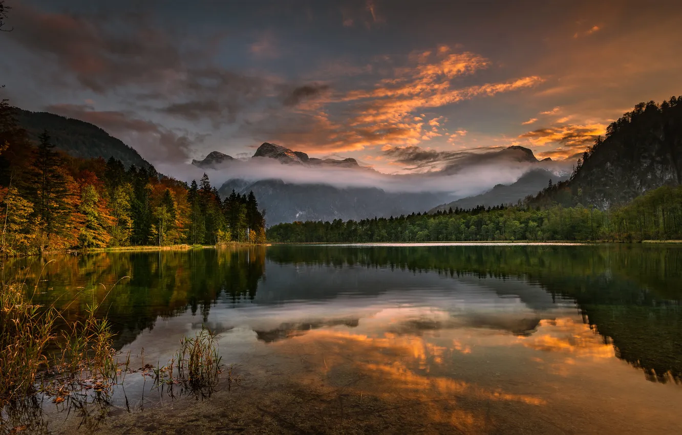 Photo wallpaper autumn, forest, the sky, light, sunset, mountains, fog, lake