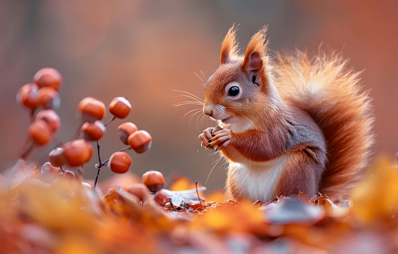 Photo wallpaper autumn, branches, foliage, protein, red, nuts, sitting, bokeh