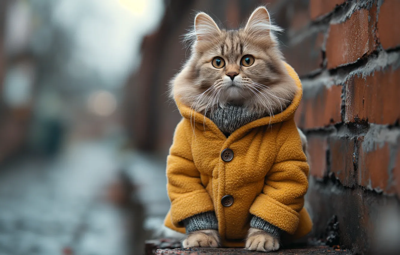 Photo wallpaper road, autumn, cat, cat, look, yellow, the city, pose