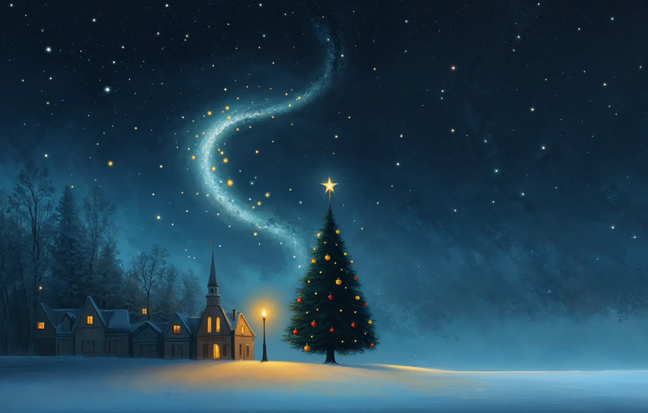 Photo wallpaper winter, field, the sky, stars, snow, night, magic, new year