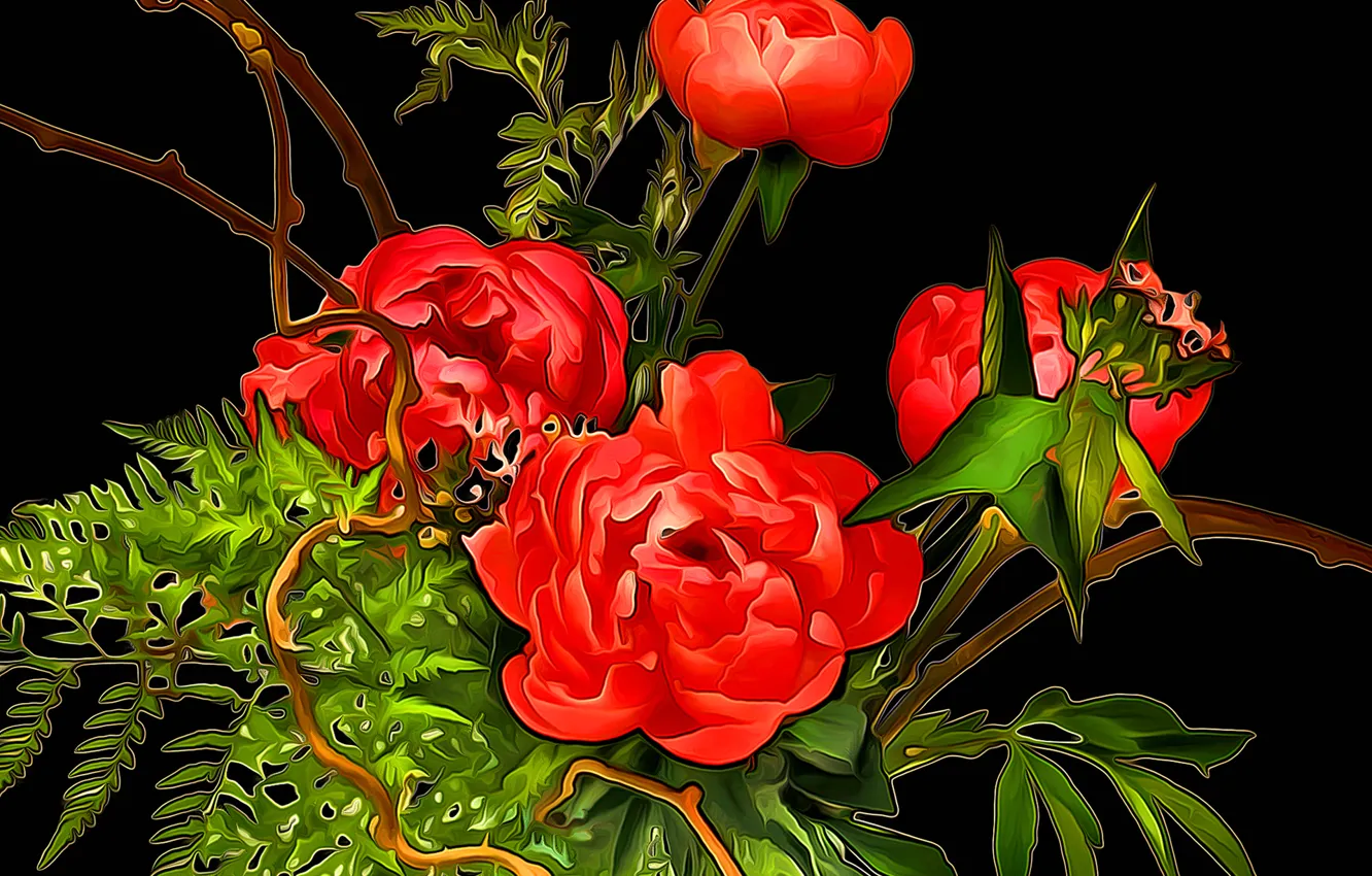 Photo wallpaper leaves, line, flowers, background, paint, garden