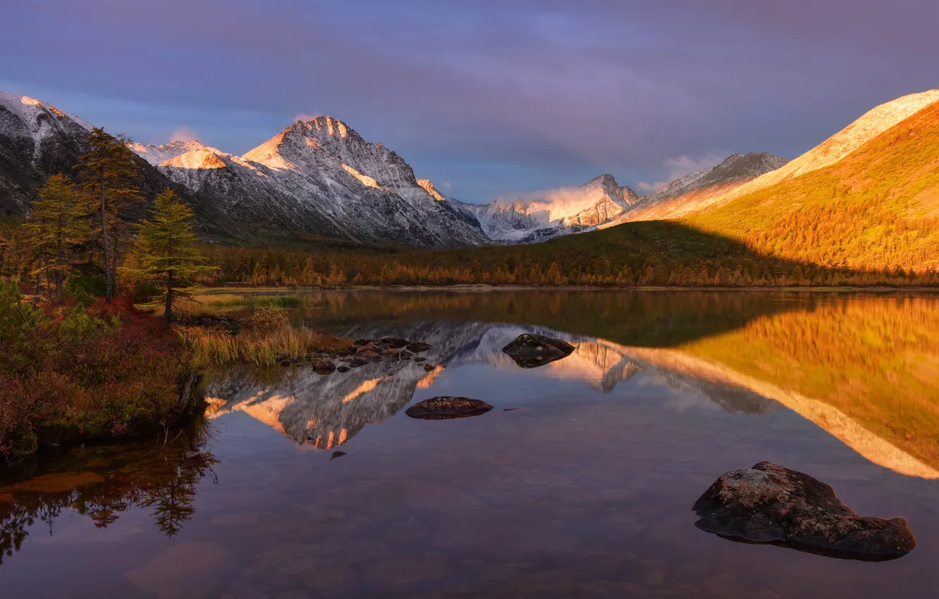 Photo wallpaper autumn, forest, landscape, mountains, nature, lake, reflection, morning