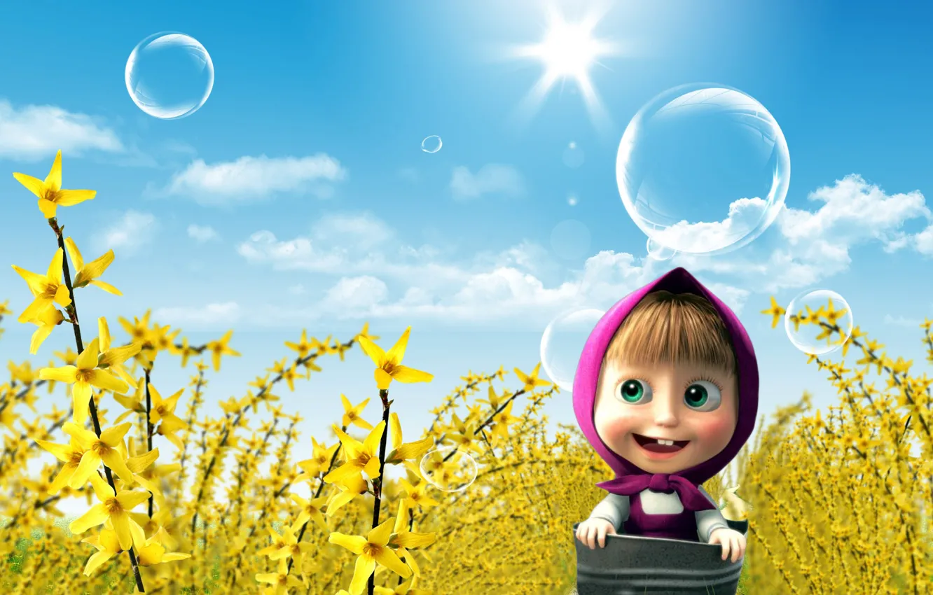 Photo wallpaper the sky, clouds, flowers, bubbles, cartoon, soap, Masha and the bear, Masha