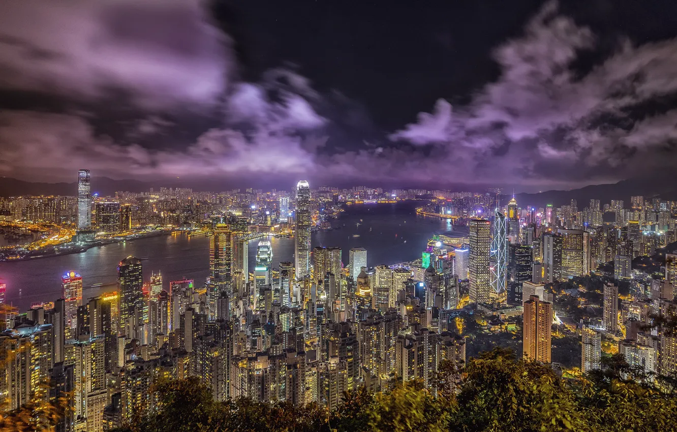 Photo wallpaper night, lights, Hong Kong, Hong Kong