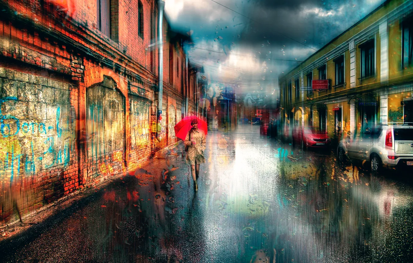 Photo wallpaper girl, umbrella, Saint Petersburg