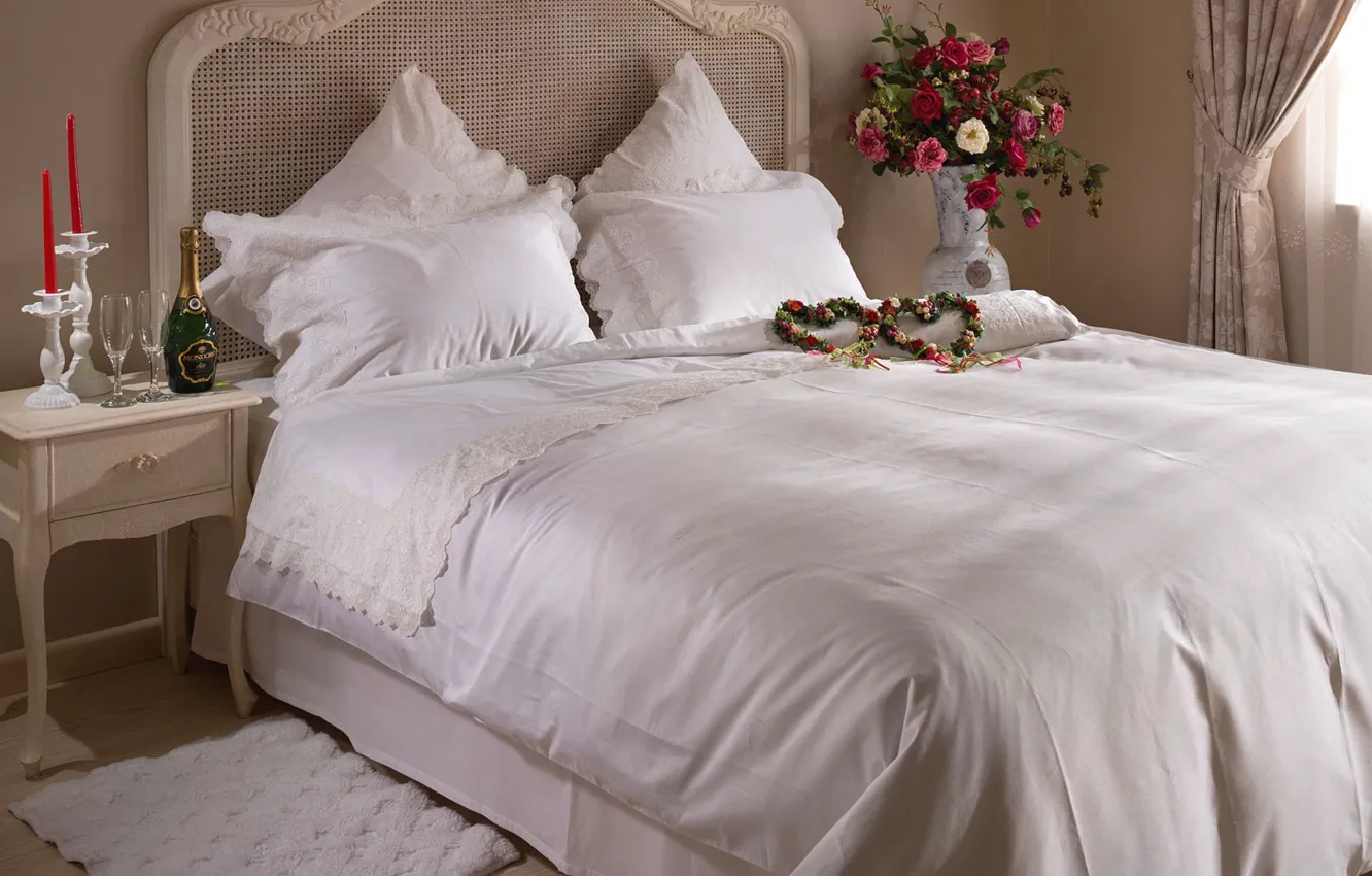 Photo wallpaper flowers, bed, heart, bed, champagne, bedroom