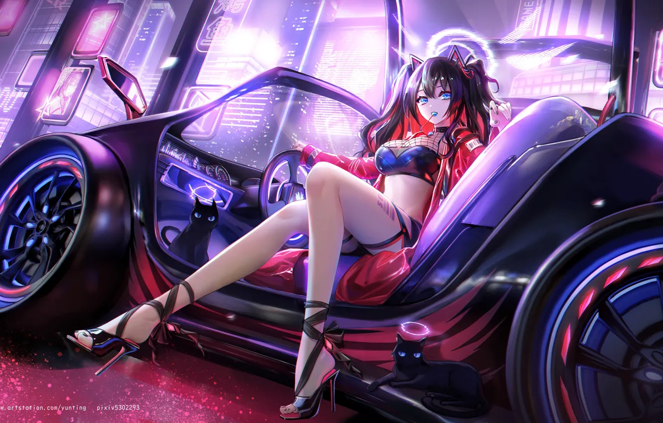 Photo wallpaper car, girl, sexy, legs, anime, beautiful
