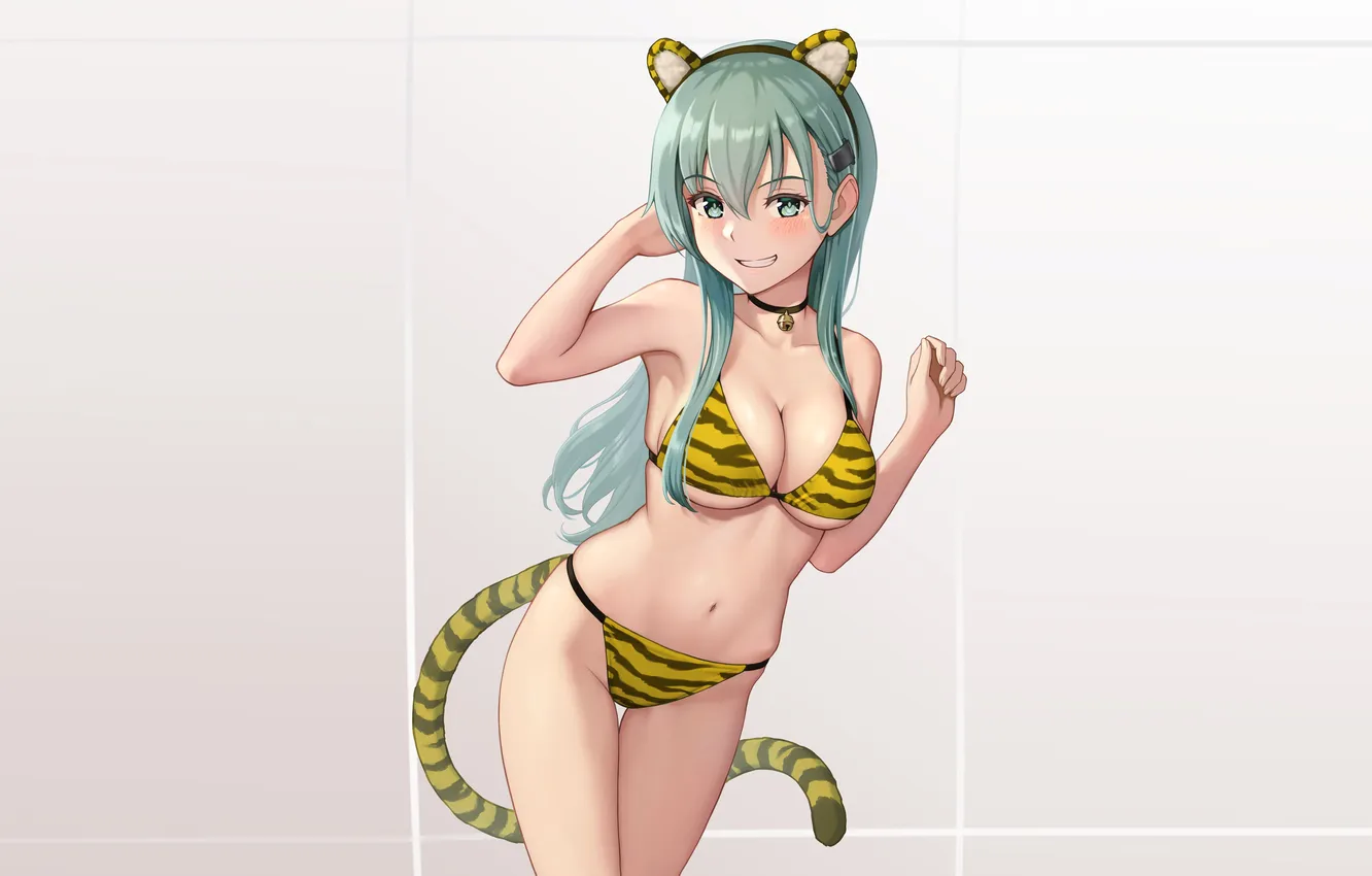 Photo wallpaper girl, sexy, cleavage, green eyes, long hair, boobs, animal ears, anime