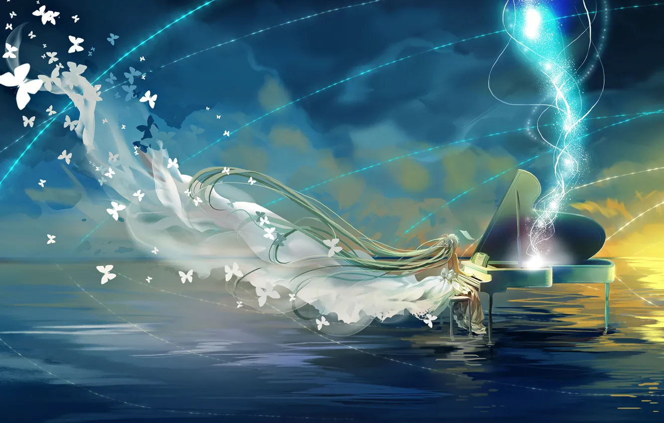 Photo wallpaper the sky, water, girl, clouds, butterfly, anime, piano, art