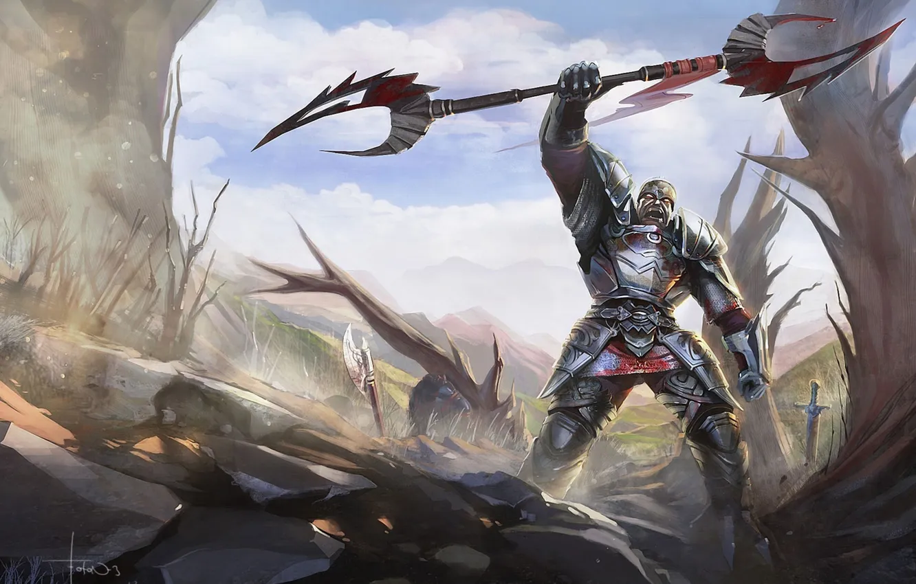 Photo wallpaper weapons, rocks, victory, armor, warrior, art, male