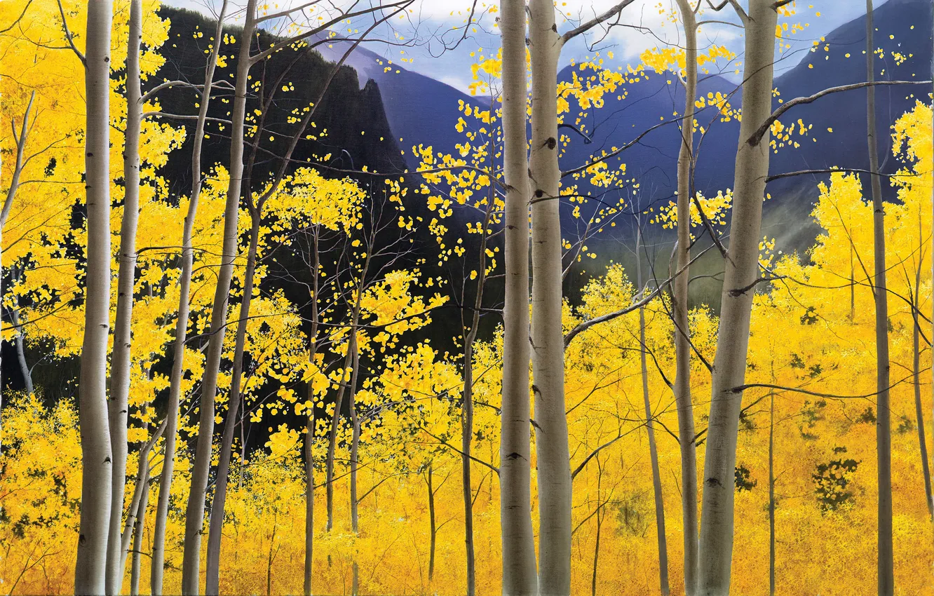 Photo wallpaper autumn, the sky, trees, landscape, mountains, foliage, figure, picture