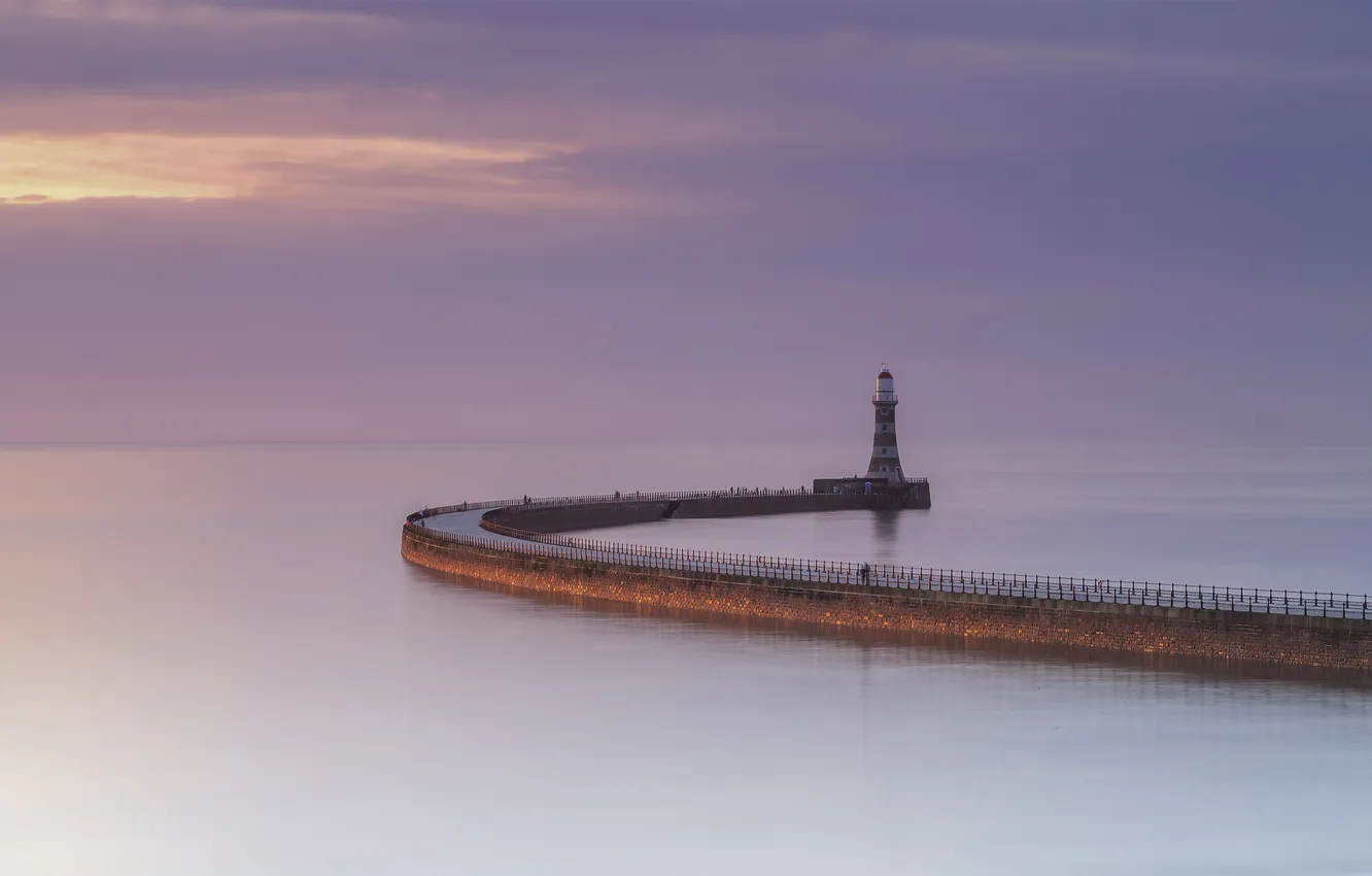 Photo wallpaper sea, the sky, clouds, lighthouse, horizon, twilight, infinity