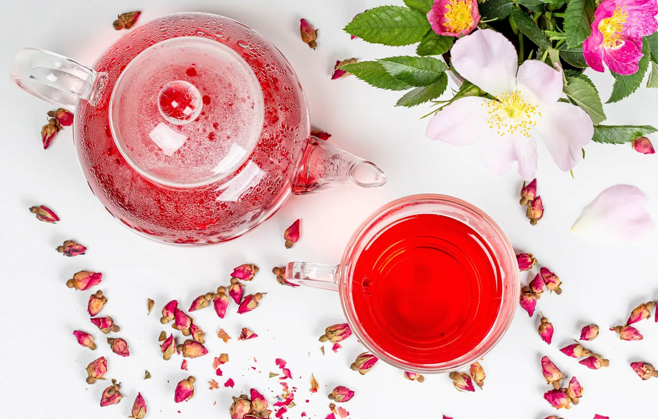 Photo wallpaper flowers, tea, briar, Cup