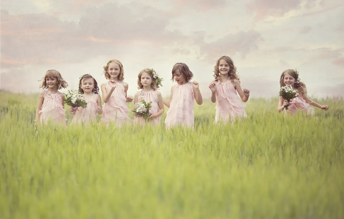 Photo wallpaper field, joy, flowers, children, girls