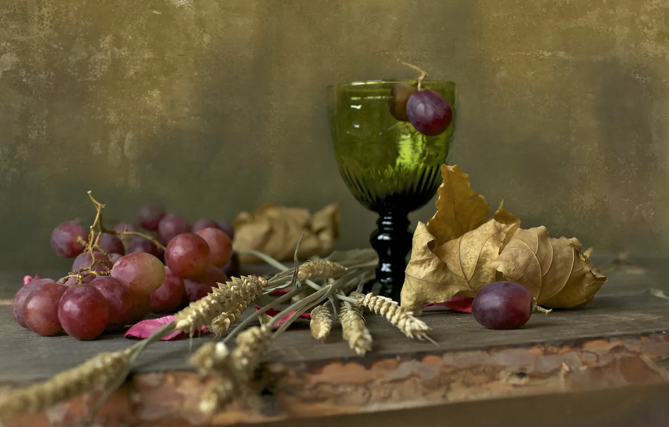 Photo wallpaper leaves, berries, Board, glass, grapes, ears, still life, still life