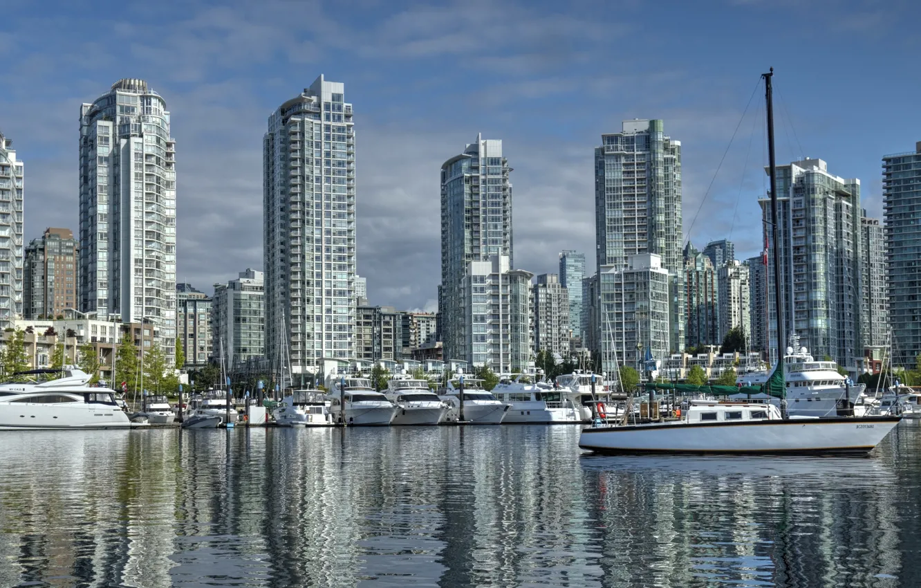 Photo wallpaper building, yacht, port, Canada, boat, Vancouver, Canada, British Columbia