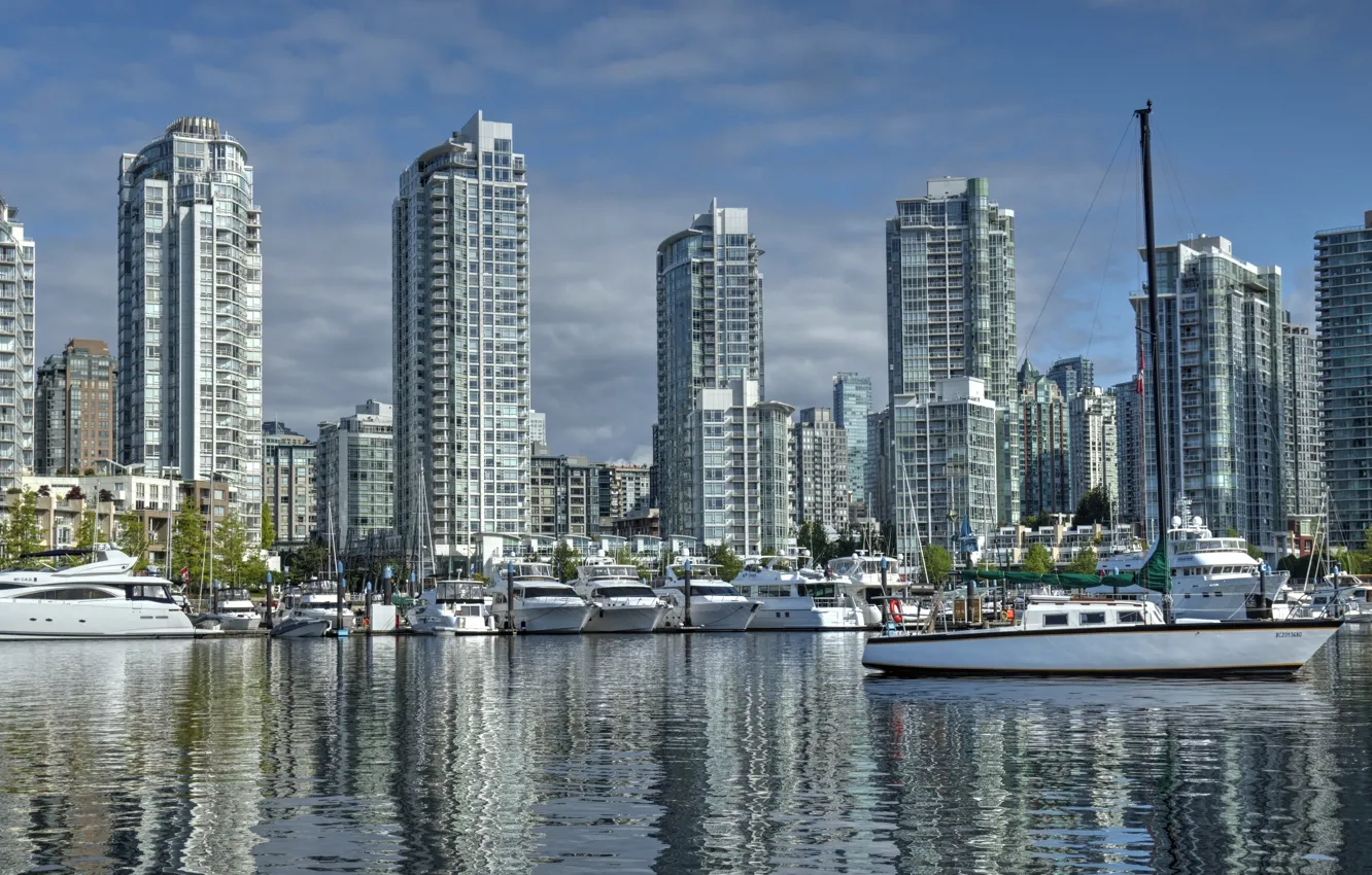 Photo wallpaper building, yachts, port, Canada, Vancouver, Canada, British Columbia, boats