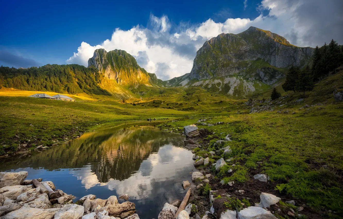 Photo wallpaper mountains, stones, river